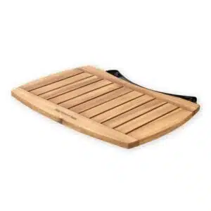 A professional e-commerce product shot of the official Big Green Egg Acacia Folding Shelves for the Large EGG, showcasing the two slatted premium acacia wood side tables with their heavy-duty black mounting brackets.
