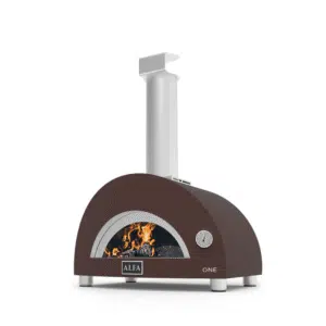 A professional e-commerce product shot of the compact Alfa Nano Wood-Fired Pizza Oven in a stunning beaten-copper finish.