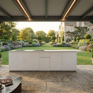 A stunning, high-end bespoke outdoor kitchen featuring a premium integrated stainless steel gas barbecue grill, matching double-door outdoor refrigerators, and expansive weatherproof stone countertops arranged under a contemporary louvered roof pergola on a luxury garden patio.