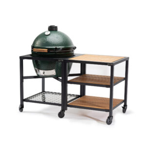 A professional e-commerce product shot of the Big Green Egg Modular Expansion Frame for the Extra Large (XL) EGG, showcasing the empty heavy-duty black powder-coated aluminium frame structure awaiting shelf customisation.