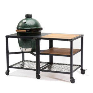 A professional e-commerce product shot of the Big Green Egg Modular Expansion Frame for the Large EGG, showcasing the empty heavy-duty black powder-coated aluminium frame structure awaiting shelf customisation.