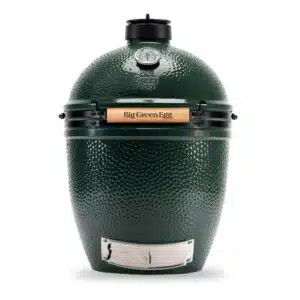 A professional e-commerce product shot of the official Big Green Egg Large Integrated Nest Handler, showcasing the heavy-duty black powder-coated steel rolling base with its curved, structural handles cradling the Large EGG.