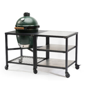 A professional e-commerce product shot of the Big Green Egg Modular Nest Expansion Frame for the Large EGG, configured with premium, heavy-duty stainless steel shelf inserts to create a sleek, industrial-style outdoor food-prep station.