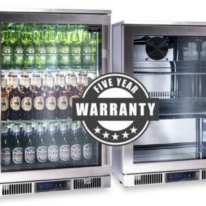 A professional e-commerce product shot of the premium Blastcool Single Door Outdoor Fridge featuring a compact, marine-grade stainless steel exterior and a bright glass door.