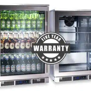 A professional e-commerce product shot of the premium Blastcool Single Door Outdoor Fridge featuring a compact, marine-grade stainless steel exterior and a bright glass door.
