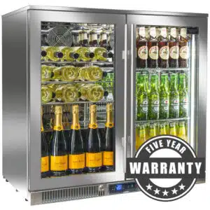 A professional e-commerce product shot of the premium Blastcool Double Door Outdoor Fridge featuring a marine-grade stainless steel exterior and bright, condensation-free glass doors.