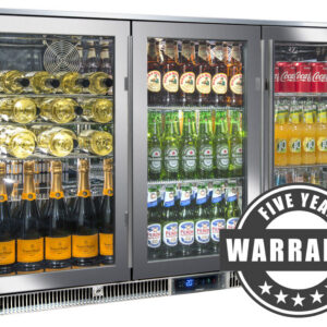 A professional e-commerce product shot of the premium Blastcool Triple Door Fridge featuring a marine-grade stainless steel exterior and bright glass doors.