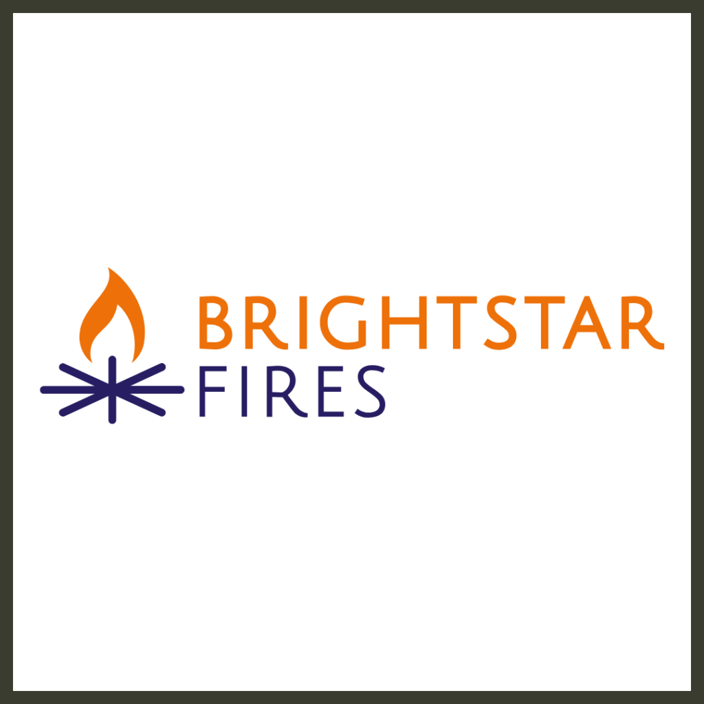 The official brand logo for Brightstar Fires, featuring its clean, professional corporate typography, representing premium British-manufactured outdoor gas fire pits, high-performance burners, and bespoke luxury fire features.