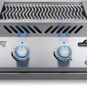 A professional e-commerce product shot of the premium Napoleon Built-In 700 Series Dual Infrared Burner integrated into a luxury stainless steel outdoor kitchen island.