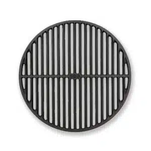A professional e-commerce product shot of the heavy-duty Big Green Egg Cast Iron Searing Grid, perfectly sized for a MiniMax EGG, displaying its robust diamond-pattern cooking surface.