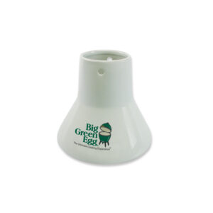 A professional e-commerce product shot of the Big Green Egg Ceramic Chicken Roaster, showcasing its premium glazed ceramic design built for holding a whole chicken upright.