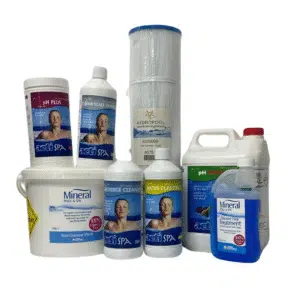 A professional e-commerce product group shot of the Chemicals Crystal Package for hot tubs, featuring water clarifiers, sanitisers, and balancing formulas.