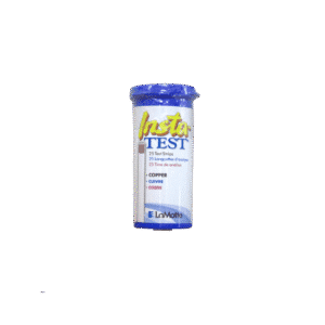 A professional e-commerce product shot of a 25-pack bottle of Copper Insta-Test strips for pool and spa water analysis.