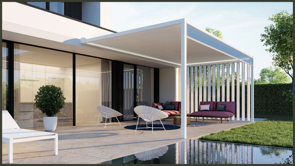 A side-by-side visual comparison showing a traditional wooden pergola with open timber beams next to a sleek, modern black aluminium bioclimatic pergola with motorized roof louvres on a luxury stone patio.