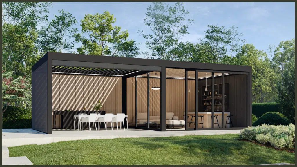 An architectural backyard rendering of a sleek, dark grey aluminium louvered pergola positioned within a modern stone patio, with dimension overlays indicating a compliant 2.5-metre height profile near a timber boundary fence.
