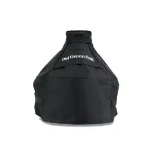 A professional e-commerce product shot of the official Big Green Egg Cover G designed for the MiniMax EGG, featuring its heavy-duty, weather-resistant black fabric, signature green piping, and the Big Green Egg logo.