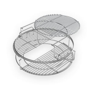 A professional e-commerce product shot of the comprehensive Big Green Egg 5 Piece EGGspander Kit, displaying the stainless steel multi-level racks, convEGGtor basket, and two half-moon cooking grids arranged together