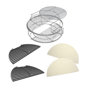 A professional e-commerce product shot of the Big Green Egg EGGspander Essential Kit, showcasing the multi-level rack and convEGGtor basket system arranged for multi-tier cooking.