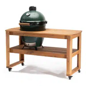 A professional e-commerce product shot of the Premium Eucalyptus Hardwood Table built for outdoor cooking, showcasing its durable slatted timber surface, natural honey-toned grain, and robust integrated shelving framework.
