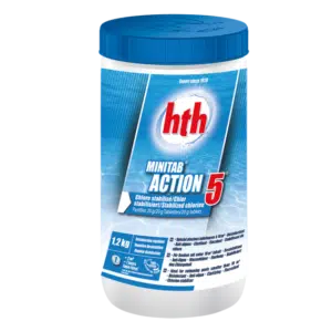 A professional e-commerce product shot of a 1.2kg container of HTH 20g Mini Tabs chlorine tablets for hot tubs and small pools.