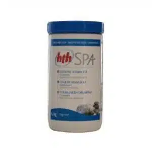 A professional e-commerce product shot of a container of HTH Non-Chlorine Shock treatment for pools and hot tubs.