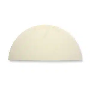 A professional e-commerce product shot of the Big Green Egg Half Moon Ceramic Baking Stone designed to fit seamlessly inside the multi-level EGGspander system.