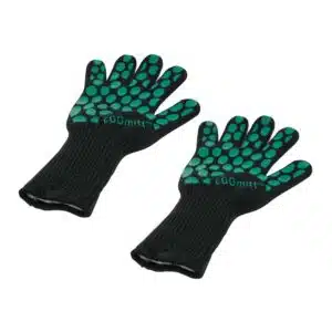 A professional e-commerce product shot of a pair of Big Green Egg Heat Resistant EGGmitt BBQ Gloves, showcasing their heavy-duty aramid fabric construction, extra-long cuffs, and non-slip silicone gripping patterns on both gloves.