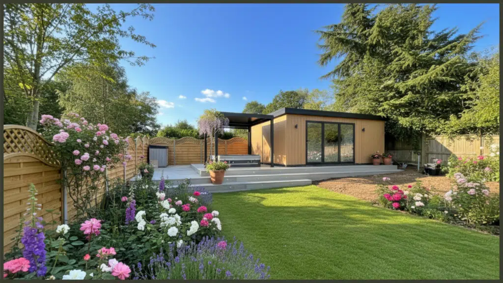 A premium cross-section view or close-up detail of a contemporary garden room building, highlighting thick structural insulation layers within the walls, floor, and roof.