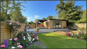 A premium cross-section view or close-up detail of a contemporary garden room building, highlighting thick structural insulation layers within the walls, floor, and roof.