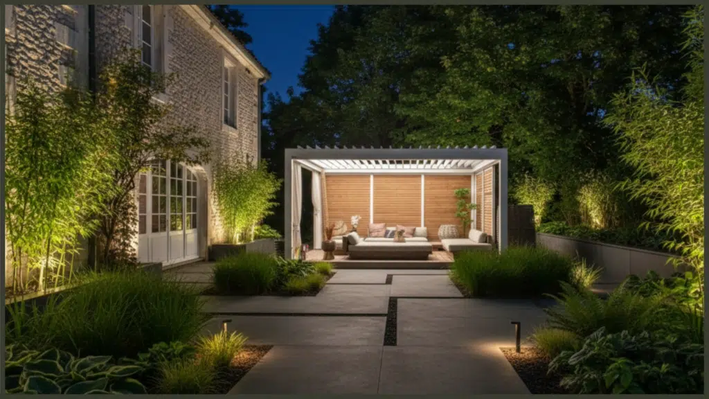 A stunning modern black aluminium pergola framed beautifully by large contemporary stone planters with lush green ferns, structural topiary trees, and delicate climbing vines winding up the structural corner posts.