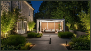 A stunning modern black aluminium pergola framed beautifully by large contemporary stone planters with lush green ferns, structural topiary trees, and delicate climbing vines winding up the structural corner posts.