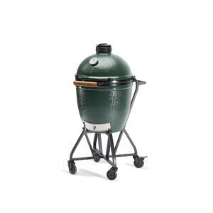 A professional e-commerce product shot of the Big Green Egg Integrated Nest and Handler for the Large EGG, showcasing its heavy-duty steel rolling frame, durable caster wheels, and sturdy curved handle.