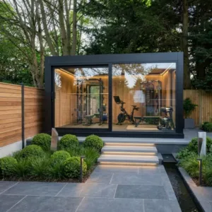 A sleek, contemporary garden room with floor-to-ceiling glass bi-fold doors, fully equipped as a luxury home gym with a premium treadmill, a free-weights rack, and a wall-mounted smart workout screen, looking out onto a manicured lawn.