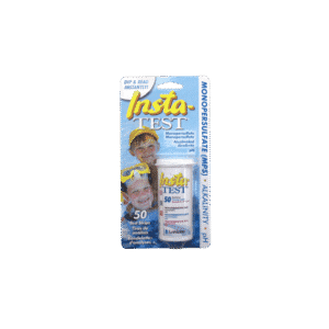 A professional e-commerce product shot of a bottle containing a 50 pack of MPS Test Strips for hot tubs and swim spas.