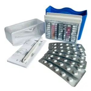A professional e-commerce product shot of the Mineral Pool & Spa 3-in-1 Test Kit for hot tubs and swimming pools.