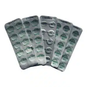 A professional e-commerce product shot of a pack of MineralSpa Test Strip No1 containing 10 water testing tablets.