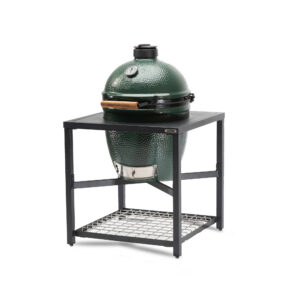A professional e-commerce product shot of the signature Big Green Egg Modular Nest, showcasing the heavy-duty powder-coated steel frame grid structure designed to securely house the ceramic grill.