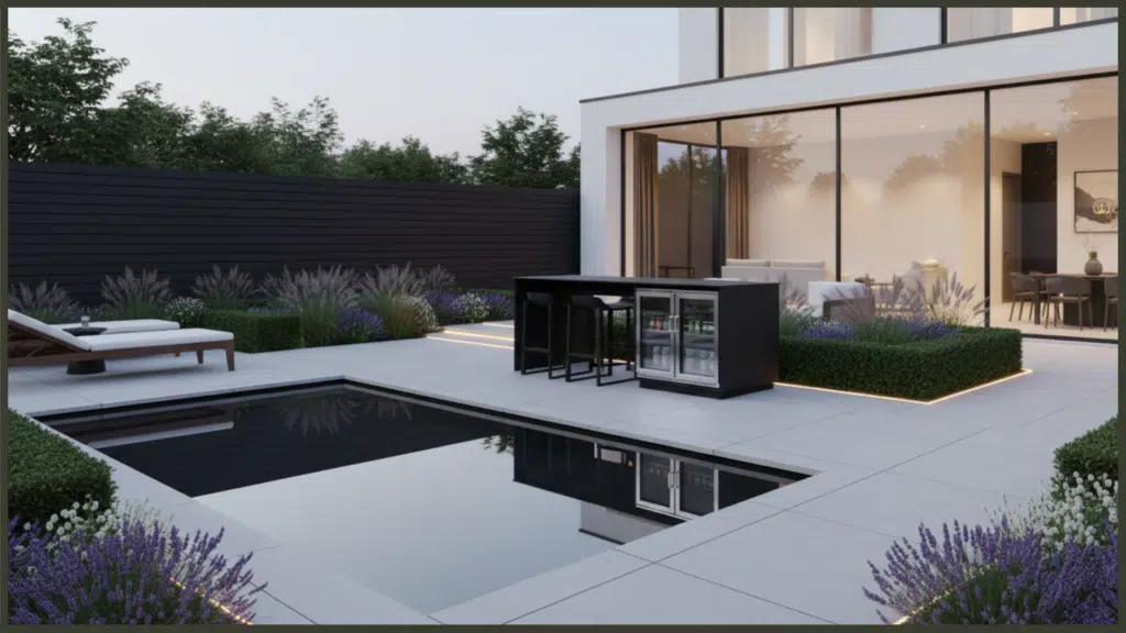 A stunning luxury backyard entertainment space showcasing a bespoke built-in outdoor kitchen island integrated with high-end grilling appliances, stone worktops, and an adjacent modern dining area.