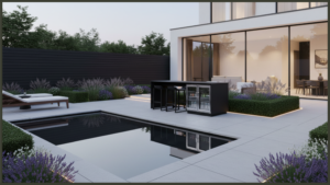 A stunning luxury backyard entertainment space showcasing a bespoke built-in outdoor kitchen island integrated with high-end grilling appliances, stone worktops, and an adjacent modern dining area.
