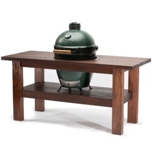 A premium line-art graphic representing the 'Premium Royal Mahogany Table', featuring a minimalist design of a hand-crafted hardwood island tailored perfectly to frame a Big Green Egg kamado grill, emphasizing luxury outdoor kitchen integration.