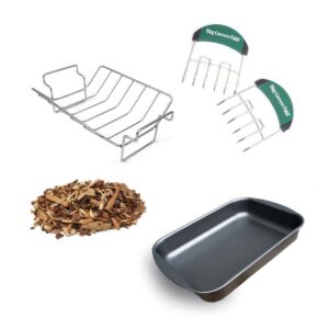 A professional e-commerce product shot of the signature Big Green Egg Roasting Kit, displaying the heavy-duty stainless steel roasting rack and matching large drip pan arranged neatly.