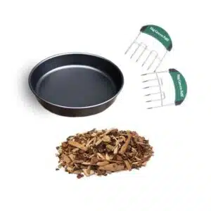 A professional e-commerce product shot of the Big Green Egg Roasting Kit for the MiniMax EGG, displaying the custom-fit stainless steel roasting rack and matching drip pan arranged neatly.