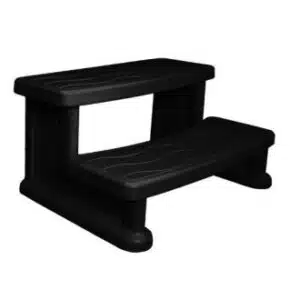 A professional e-commerce product shot of sleek black spa side steps for hot tubs, featuring a non-slip tread design.
