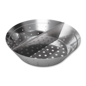 A professional e-commerce product shot of the Big Green Egg Stainless Steel Fire Bowl, showcasing its heavy-gauge perforated mesh design and sturdy wire handles.