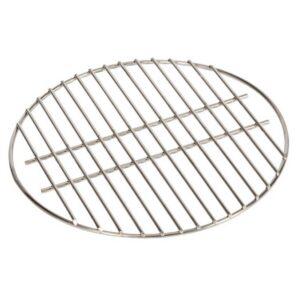 A professional e-commerce product shot of the official Big Green Egg Stainless Steel Grid, showcasing its heavy-gauge circular design, robust cooking bars, and polished finish.