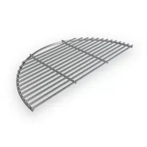 A professional e-commerce product shot of the Big Green Egg Stainless Steel Half Moon Grid for the EGGspander System, showcasing its heavy-duty stainless steel bars and semi-circular design.