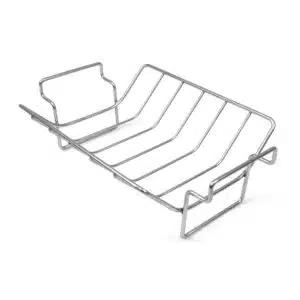 A professional e-commerce product shot of the Big Green Egg Stainless Steel Roasting Rack, showcasing its heavy-duty inverted dual-purpose design for roasting and rib smoking.