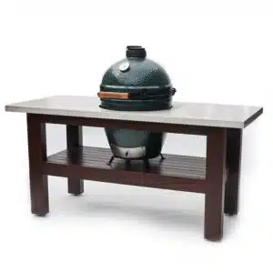 A professional e-commerce product shot of a premium Stainless Steel Royal Mahogany BBQ Table, showcasing its rich, deep reddish-brown hardwood construction topped with a sleek, heavy-duty stainless steel food prep counter.