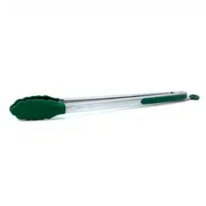 A professional e-commerce product shot of the 16-inch Big Green Egg Stainless Steel Silicone Tipped BBQ Tongs, showcasing the heavy-duty long handles, scalloped green silicone heads, and convenient locking mechanism.