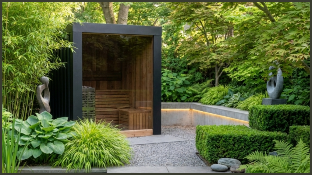 A serene outdoor spa setting at twilight featuring a premium cedar wood garden sauna, with gentle steam escaping the door, surrounded by minimalist structural planting and soft ground lighting.